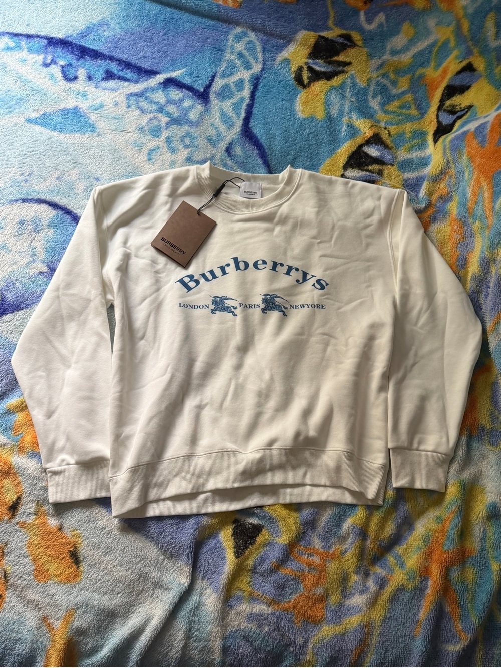Burberry Cream Crewneck Sweatshirt with Blue Logo Print